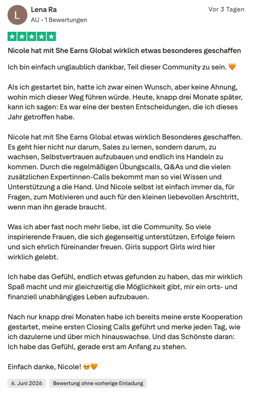 Kundenstimme über die SheEarnsGlobal Academy